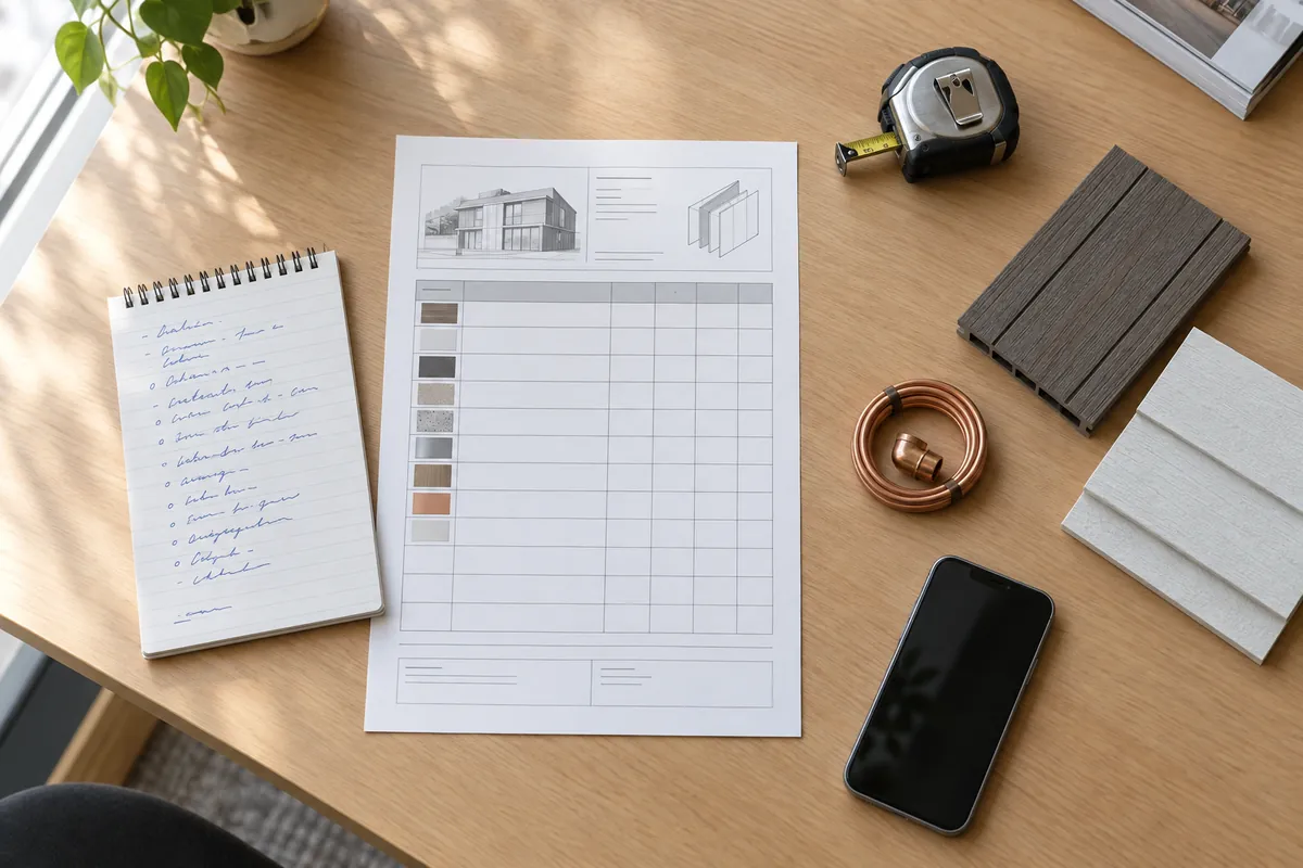 Architect's specification sheet, handwritten materials list, tape measure and decking and siding samples on a desk