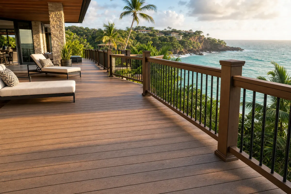 Composite decking and railing on an oceanfront terrace with palms and the Caribbean beyond