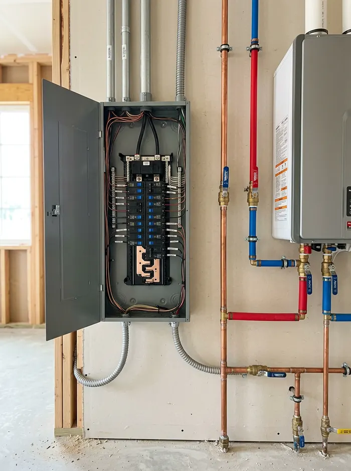Residential electrical load center with breakers beside copper and PEX plumbing rough-in and a tankless water heater
