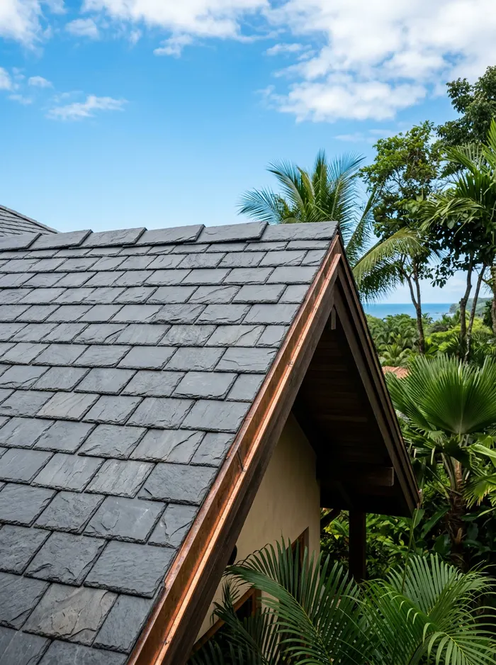 Charcoal synthetic slate roof on a tropical villa with palms and sea in the background